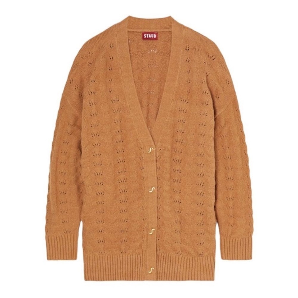 STAUD Blake Pointelle-Knit Cotton-Blend Oversized Cardigan Sweater Whiskey XS